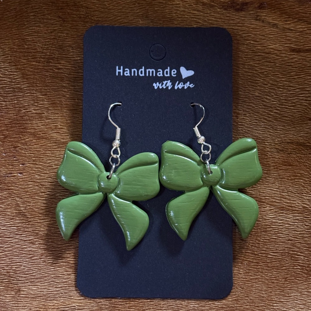 Green Bow Polymer Clay Earrings